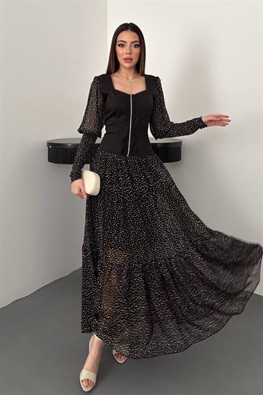 Toptan Siyah Dantelli Taşlı Şeritli Elbise