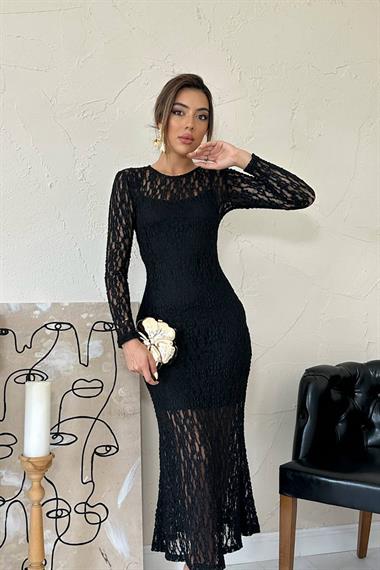 Toptan Siyah Dantelli Uzun Kollu Elbise