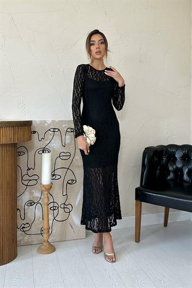 Toptan Siyah Dantelli Uzun Kollu Elbise