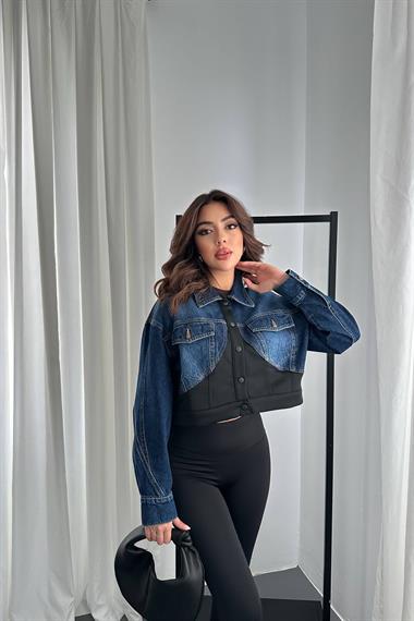 Toptan Siyah Denim Scuba Garnili Ceket