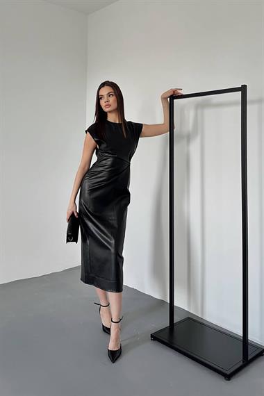 Toptan Siyah Deri Düğümlü Elbise