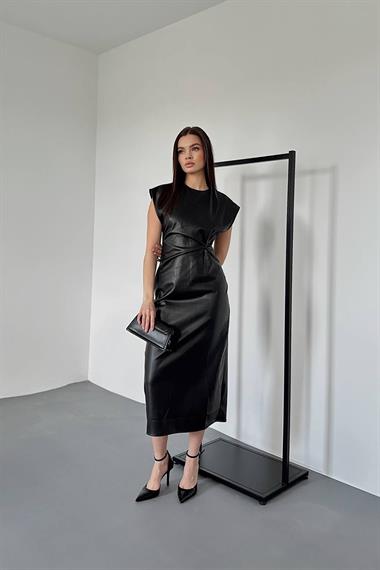Toptan Siyah Deri Düğümlü Elbise