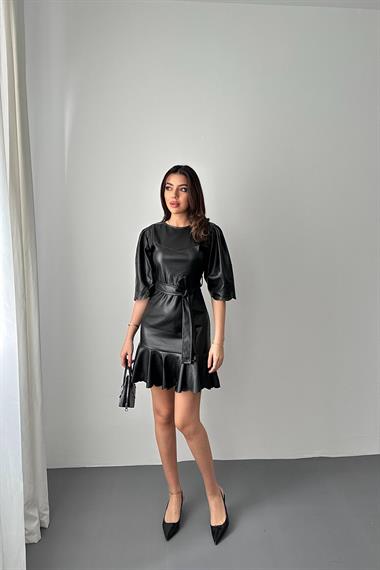 Toptan Siyah Deri Mini Elbise