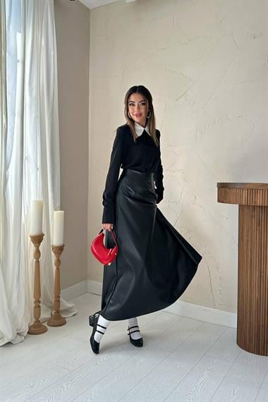 Toptan Siyah Deri Uzun Etek