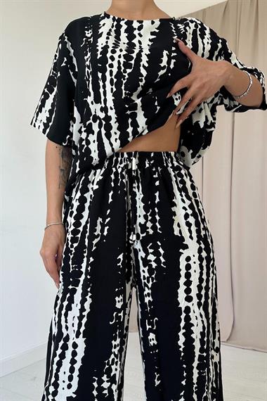 Toptan Siyah Desenli Bluz ve Pantolon Takım