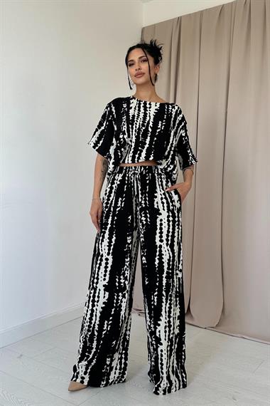 Toptan Siyah Desenli Bluz ve Pantolon Takım