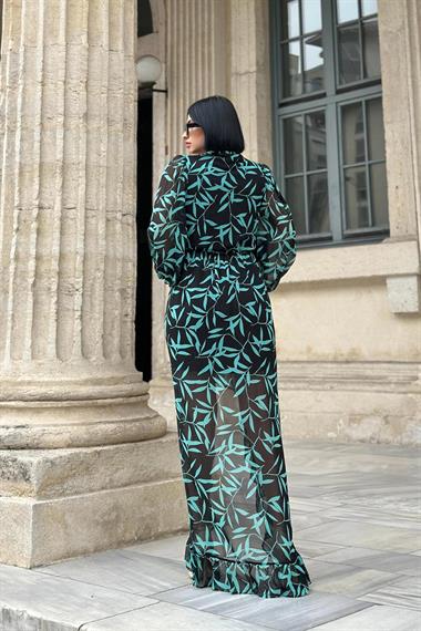 Toptan Siyah Desenli Fırfırlı Elbise