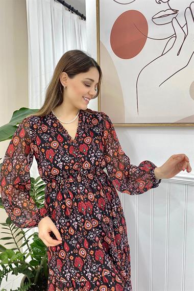 Toptan Siyah Desenli Şifon Elbise