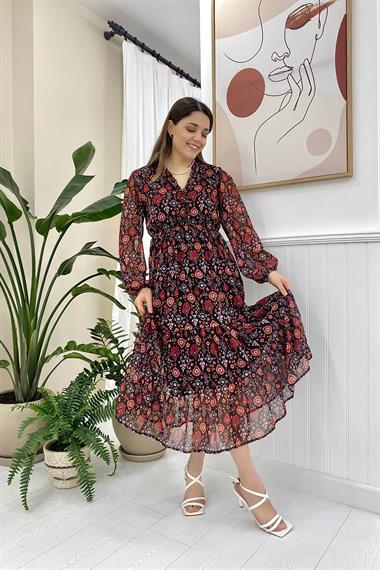 Toptan Siyah Desenli Şifon Elbise