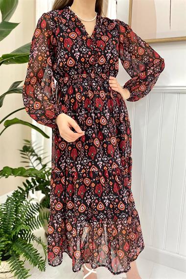 Toptan Siyah Desenli Şifon Elbise