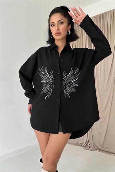 Wholesale Black Patterned and Stoned Shirt