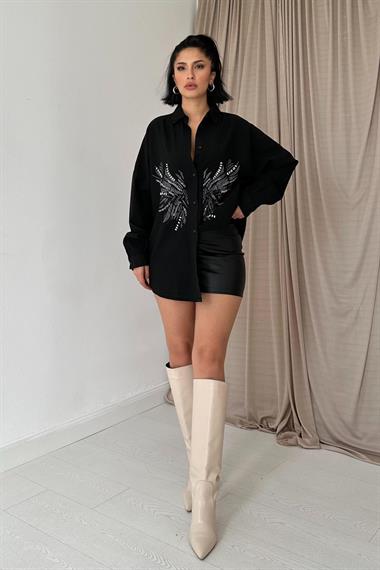 Wholesale Black Patterned and Stoned Shirt