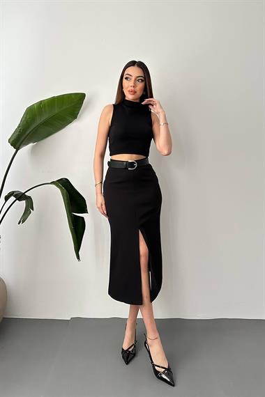 Toptan Siyah Düğmeli Ceket ve Etek Takım