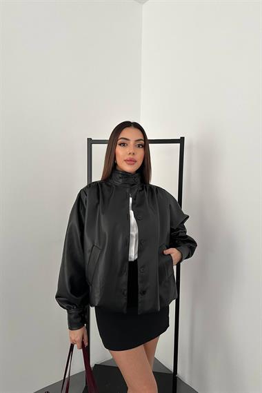 Toptan Siyah Düğmeli Deri Ceket