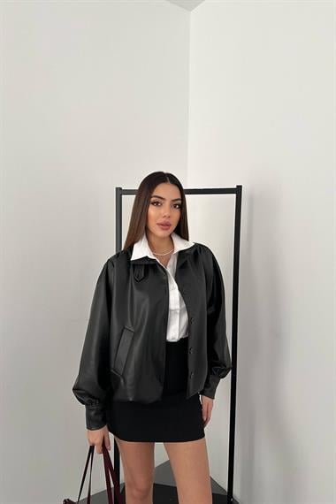 Toptan Siyah Düğmeli Deri Ceket