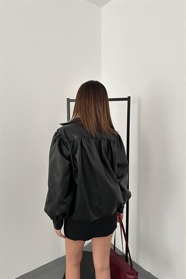 Toptan Siyah Düğmeli Deri Ceket