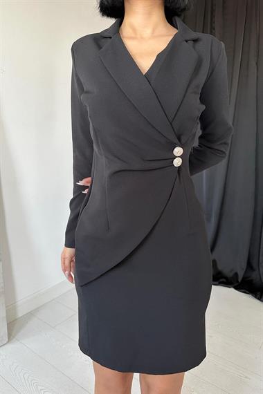 Toptan Siyah Düğmeli Elbise