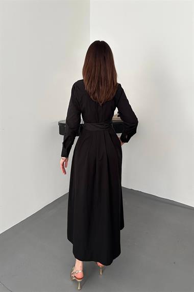 Toptan SİYAH Düğmeli Poplin Elbise