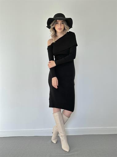 Toptan Siyah Düşük Omuz Mini Triko Elbise