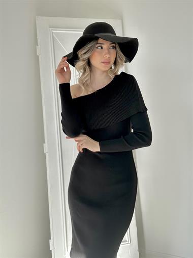 Toptan Siyah Düşük Omuz Mini Triko Elbise