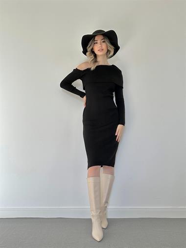 Toptan Siyah Düşük Omuz Mini Triko Elbise
