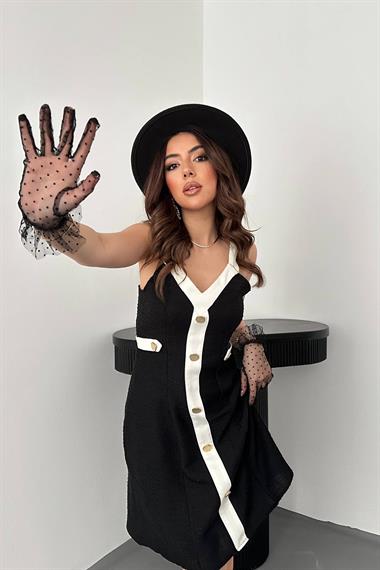 Toptan Siyah Ekru Süs Cepli Askılı Elbise