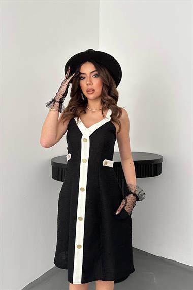 Toptan Siyah Ekru Süs Cepli Askılı Elbise