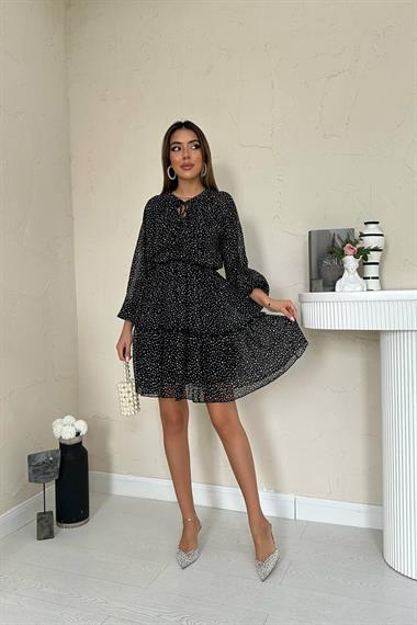 Toptan Siyah Eteği Katlı Puantiyeli Elbise