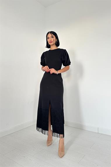 Toptan Siyah Eteği Püsküllü Elbise
