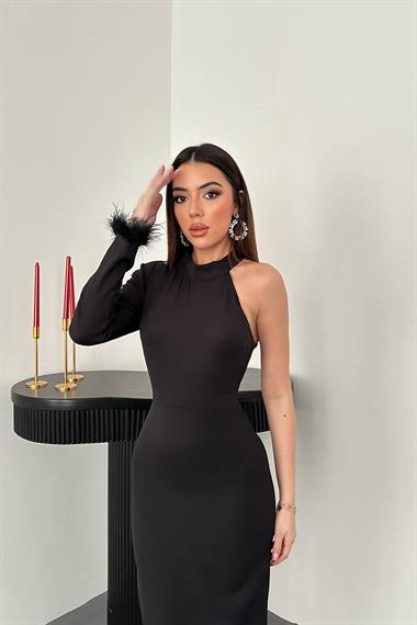 Toptan Siyah Eteği Tüllü Tek Kol Elbise