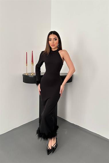 Toptan Siyah Eteği Tüllü Tek Kol Elbise