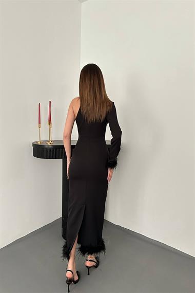 Toptan Siyah Eteği Tüllü Tek Kol Elbise