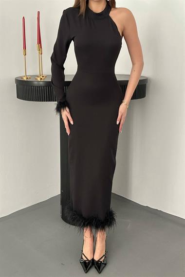 Toptan Siyah Eteği Tüllü Tek Kol Elbise