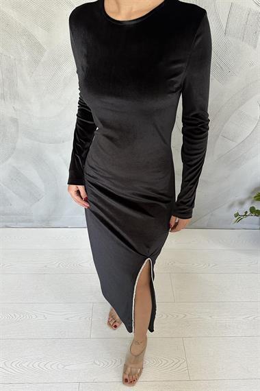 Toptan Siyah Eteği Yırtmaçlı Kadife Elbise