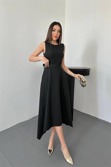 Toptan Siyah Etek Ucu Asimetrik Atlas Elbise