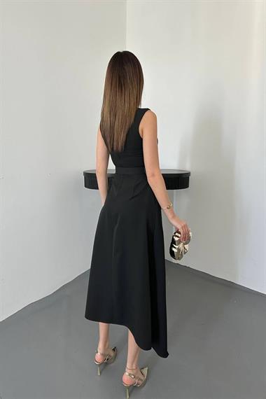 Toptan Siyah Etek Ucu Asimetrik Atlas Elbise