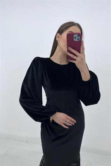 Toptan Siyah Etek Ucu Dantelli Elbise