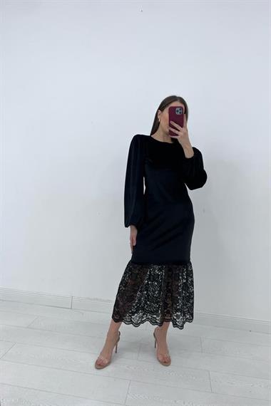 Toptan Siyah Etek Ucu Dantelli Elbise