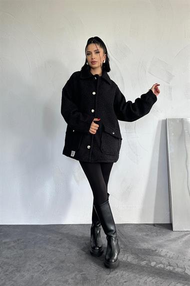 Toptan Siyah Etiketli Pile Detaylı Ceket