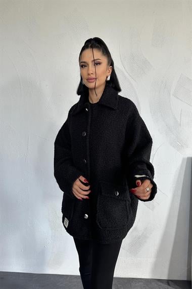 Toptan Siyah Etiketli Pile Detaylı Ceket