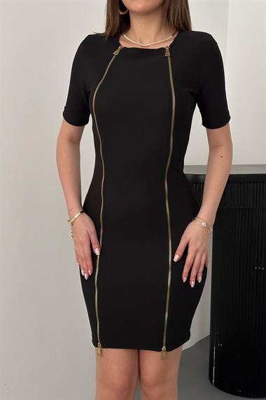 Toptan Siyah Fermuarlı Ottoman Elbise