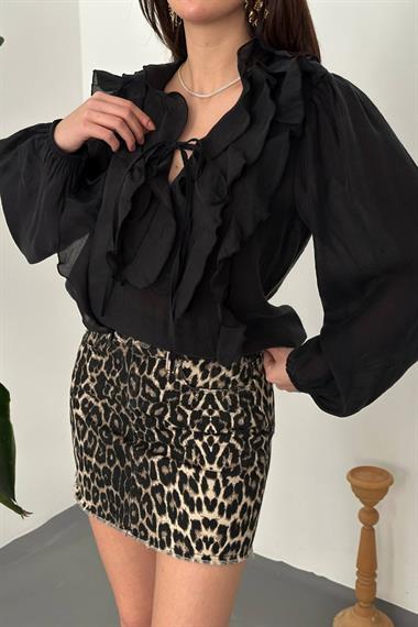 Toptan Siyah Fırfırlı Bluz