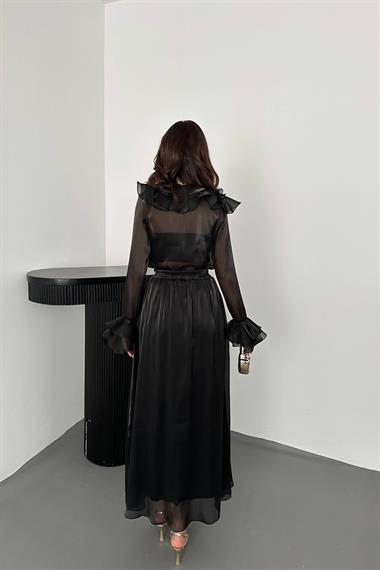 Toptan Siyah Fırfırlı Bluz Lastikli Etek Takım