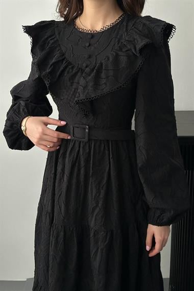 Toptan Siyah Fırfırlı Brodeli Elbise