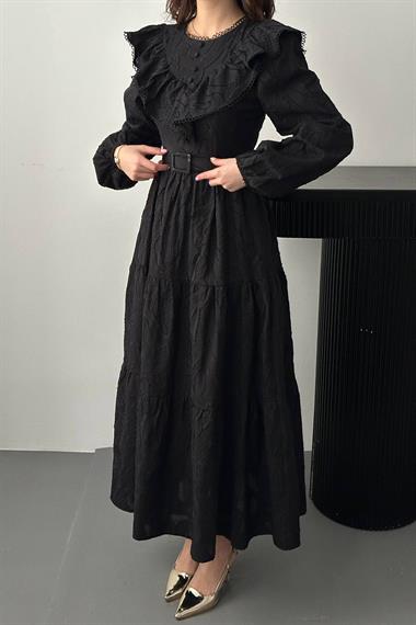Toptan Siyah Fırfırlı Brodeli Elbise