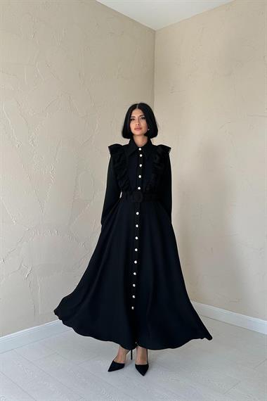 Toptan Siyah Fırfırlı Dantelli Elbise