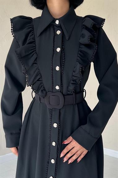 Toptan Siyah Fırfırlı Dantelli Elbise