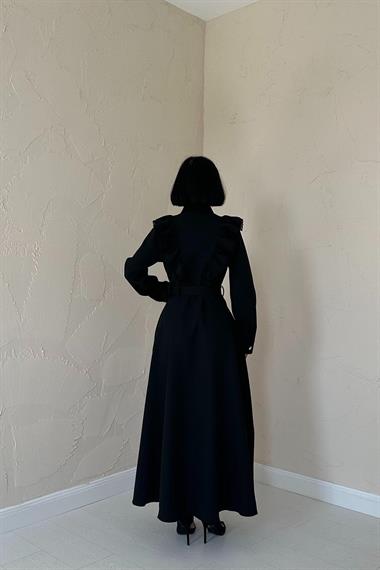 Toptan Siyah Fırfırlı Dantelli Elbise