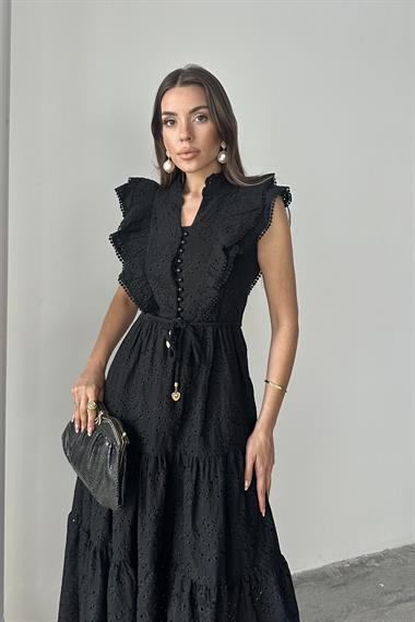 Toptan Siyah Fırfırlı Düğmeli Elbise