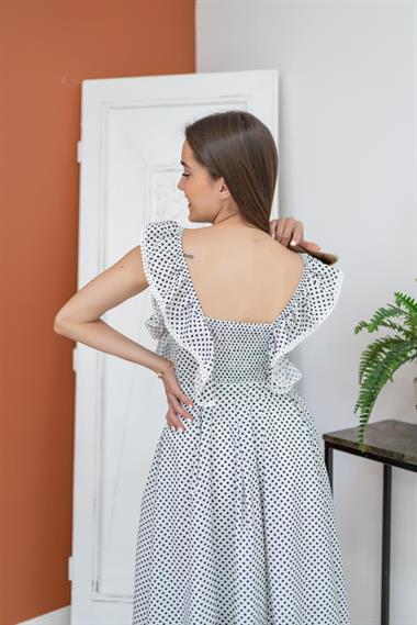 Toptan Siyah Fırfırlı Puantiyeli Sıfır Kol Elbise